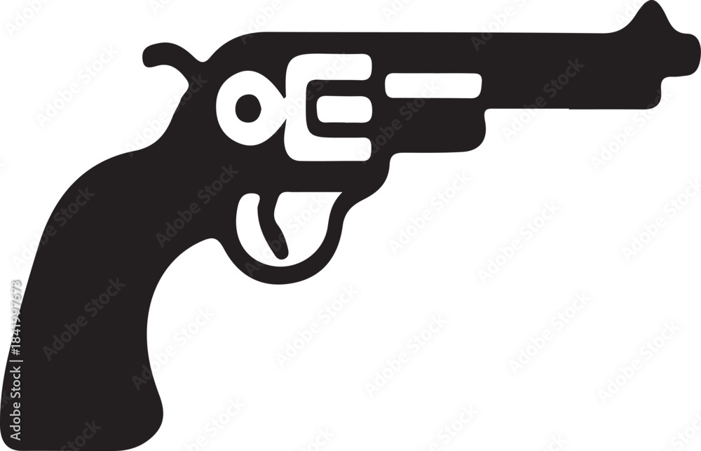Fototapeta premium Black silhouette of a vintage revolver handgun with a white cylinder and trigger guard against a white background