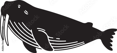 Black silhouette of a humpback whale with white line details swimming on a white background