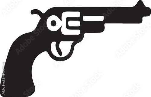 Black silhouette of a vintage revolver handgun with a white cylinder and trigger guard against a white background