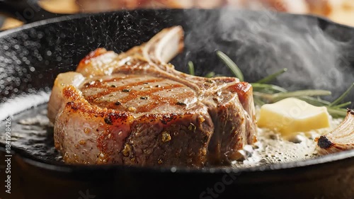 A succulent and perfectly seared lamb chop still on the bone sizzles intensely in a rustic castiron skillet enhanced by fresh rosemary sprigs fragrant garlic cloves and a melting pat of golden butter.