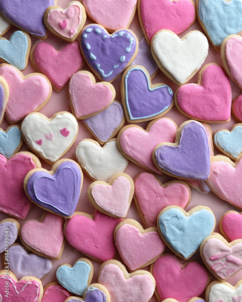 Fototapeta premium Assorted Valentine cookies densely arranged with heart shapes, creating a festive and romantic dessert background.