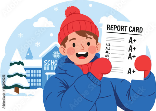 Proud schoolboy showing A plus report card in snowy school scene flat vector 