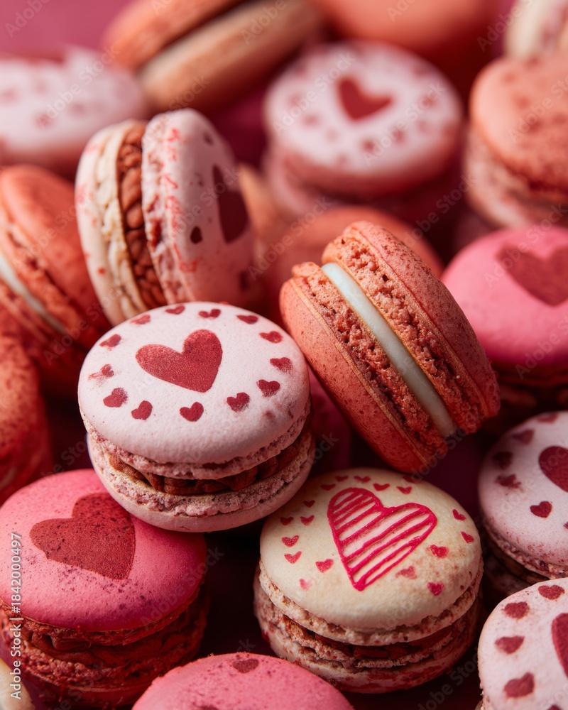 Obraz premium Colorful Valentine-themed macarons filling the frame, creating a playful and romantic dessert background.