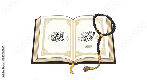 Illustrated open book with Quranic verses and Islamic prayer beads, symbolizing faith and spirituality
