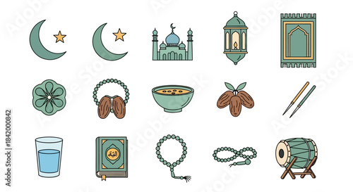 Ramadan icons crescent moon, mosque, dates, prayer rug, Quran, drum, and rosary beads