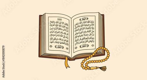 A vibrant illustration of an open sacred book and a string of prayer beads, symbolizing profound religious devotion, meditation, and spiritual reflection