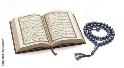 Open Holy Quran book with Islamic prayer beads, religious text for Muslim worship and devotion
