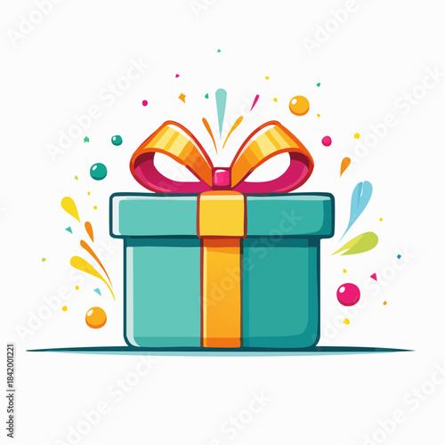 Festive teal gift box with a golden ribbon and exploding colorful confetti, perfect for celebrations