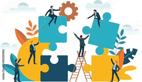 Business team assembling giant puzzle pieces, symbolizing teamwork, collaboration, problem solving, leadership, partnership and strategic planning in modern corporate environment