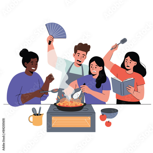 Joyful Group Cooking Challenge: Diverse Friends Navigating Kitchen Mishaps with Teamwork