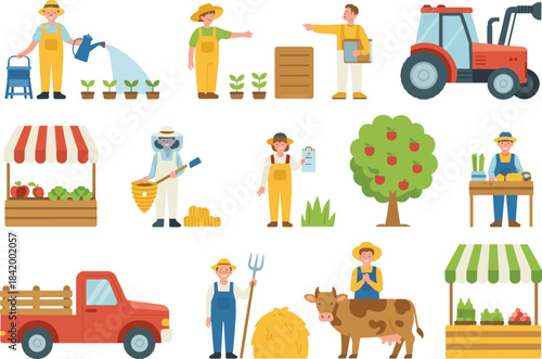Cartoon farming illustration set featuring farmers, tractors, planting, harvesting, market stalls, livestock, beekeeping and agricultural activities for farm themed designs