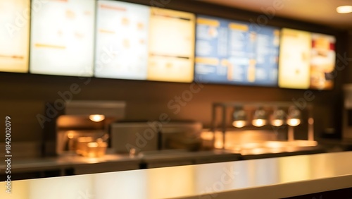 Fast food menu boards and counter