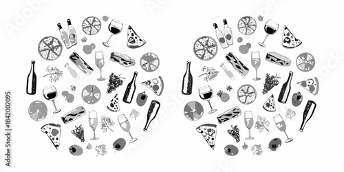 A playful arrangement of food and drink illustrations in a circular pattern