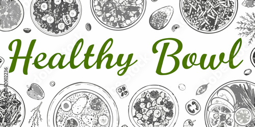 A patterned background featuring sketched healthy bowls and fresh produce