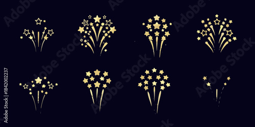 Golden sparkling stars and firework bursts against a dark background