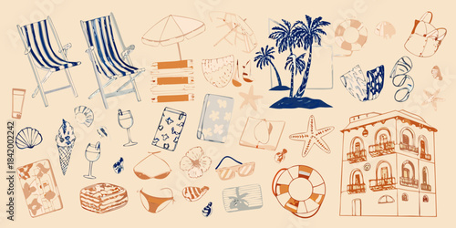 A colorful beach themed doodle illustration with summer vacation elements