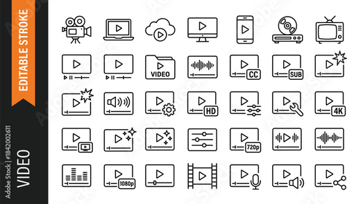 Video editing and media player icon collection with playback controls, resolution labels, audio settings, streaming symbols, editable stroke outline design set