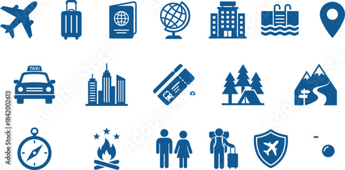 Travel and tourism icon set with airplane, passport, luggage, hotel, navigation, camping, hiking, city travel, transportation, safety, and adventure symbols