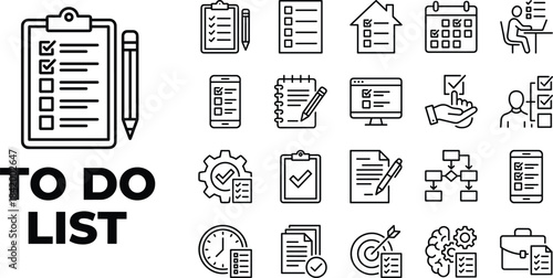 To do list line icons collection for productivity, task management symbols, checklist organization illustrations, planning workflow reminders and office scheduling graphics