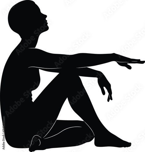 Black Vector Silhouette of a Woman Sitting with Legs Crossed and Arms Extended, Elegant Minimalist Figure Representing Meditation, Relaxation, Nude Art, and Emotional Tranquility, Isolated Design