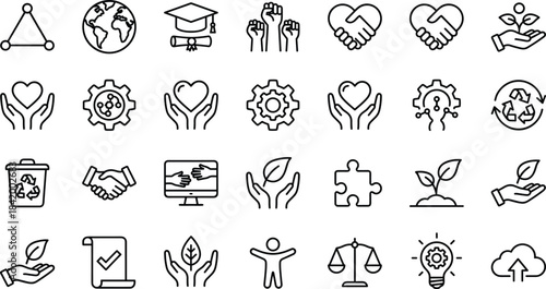 Sustainability and eco friendly icon collection, environmental care symbols, community support, recycling, growth, green energy, teamwork, global responsibility illustration