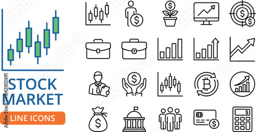 Stock market line icon collection featuring finance symbols, investment growth charts, trading elements, business analytics, cryptocurrency signs, economic money concepts