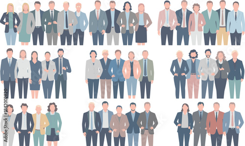 Collection of diverse business professionals standing together in groups, representing corporate teamwork, leadership, office staff, collaboration and modern workplace concepts