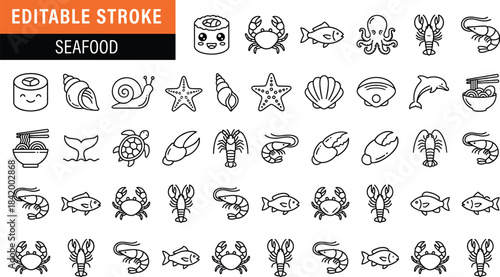 Seafood line icons collection featuring marine animals, ocean creatures, shellfish, sushi elements, editable stroke seafood illustration set for culinary and restaurant design projects
