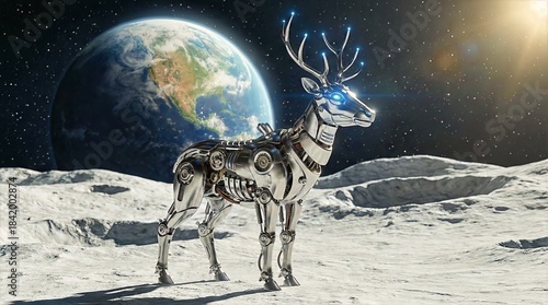 Futuristic robotic deer standing on the moon with Earth in background