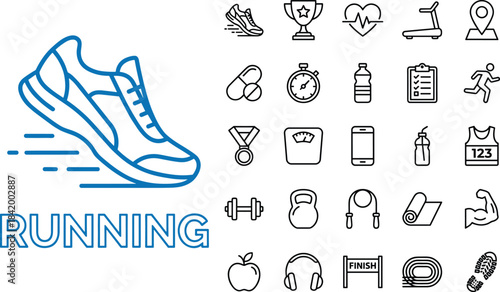 Running fitness icon set with sports shoe illustration, workout symbols, gym equipment, health elements, marathon training and athletic activity graphics
