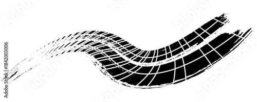 Tire track. Tyre mark of car, bike, motorcycle with grunge effect on white background. Wheel footprint, road element, dirty rubber protector pattern. Realistic vector illustration.