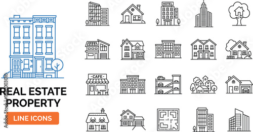 Real estate property line icons collection featuring houses, buildings, apartments, hotels, commercial spaces, floor plans, architecture, construction, urban development designs
