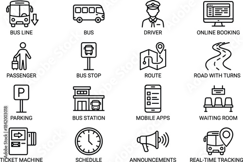Public transportation bus service line icons set with routes, booking, tracking, schedules, stations, passengers, mobile apps, modern outline illustrations