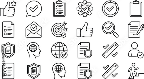 Quality control and approval icon set featuring checkmarks, documents, targets, validation symbols, security shields, progress success elements, modern outline style
