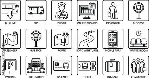 Public transportation bus service line icons set featuring travel, booking, passengers, routes, stations, tickets, commuting, modern outline illustration