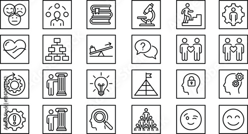Psychology and human behavior line icons set featuring emotions, communication, leadership, motivation, relationships, mental health, personal development symbols illustration