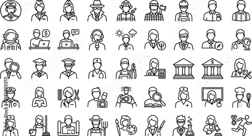 Professional occupation line icon set showcasing diverse careers including medical, business, education, creative, science, service, and industrial professions for modern design