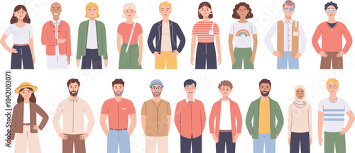 Collection of diverse characters in modern outfits, flat style people illustration set, multicultural men and women standing, inclusive community artwork design