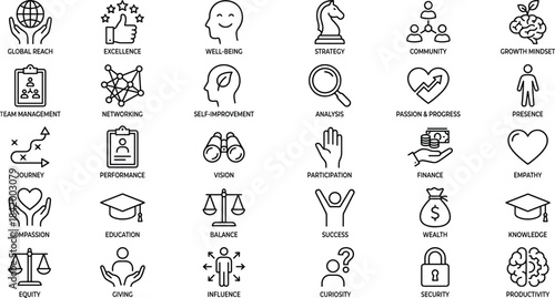 Professional line icons set representing leadership, motivation, personal growth, teamwork, finance, productivity, strategy, education, success, wellness, and business development concepts