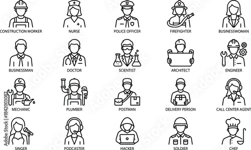 Professional occupation line icon set featuring diverse jobs including medical, construction, service, engineering, creative, security, and business roles for modern workforce design