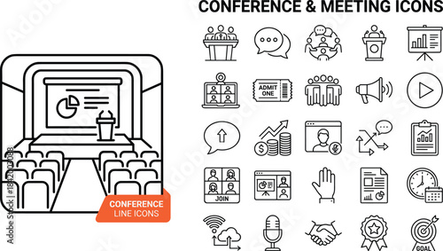 Professional conference and meeting line icons set for presentations, seminars, business events, workshops, webinars, communication, teamwork and corporate planning
