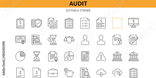 Professional audit and finance line icons collection for business accounting, tax analysis, financial reporting, compliance review, budgeting, banking, editable stroke symbols