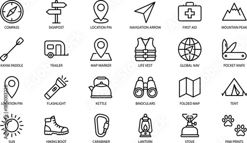 Outdoor adventure outline icon set featuring camping gear, navigation tools, survival equipment, hiking essentials, wilderness elements, minimal line style vector graphics