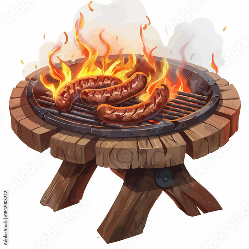 Grilled sausages on a barbecue with flames and smoke illustration