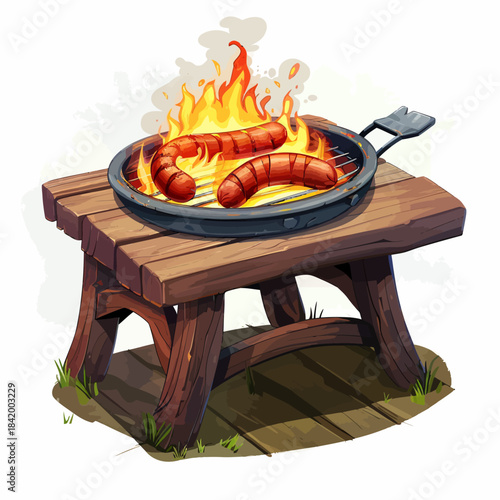 Grilled sausages on a wooden table with flames food and cooking illustration