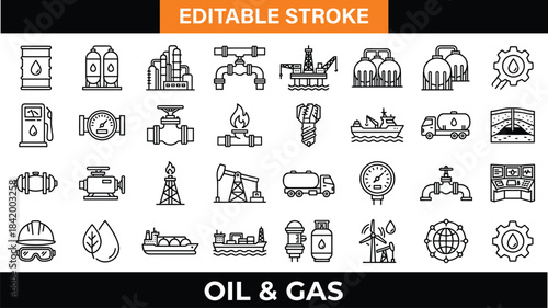 Oil and gas industry outline icon set featuring drilling, pipelines, fuel production, refinery equipment, energy extraction, transportation, engineering, and industrial operations