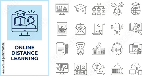 Online distance learning concept with computer icons, virtual education symbols, digital classroom elements, remote studying tools, modern e-learning illustration set
