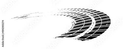 Tire track. Tyre mark of car, bike, motorcycle with grunge effect on white background. Wheel footprint, road element, dirty rubber protector pattern.