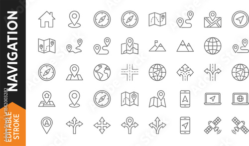 Navigation outline icon set with maps, location markers, GPS symbols, direction arrows, compass elements, digital tracking tools, editable stroke vector