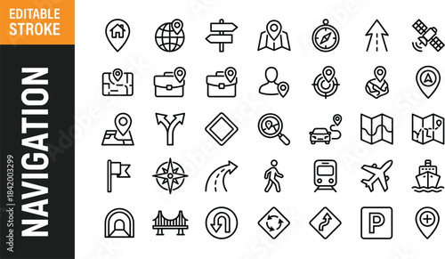 Navigation and location icon set with GPS symbols, direction markers, travel maps, route planning graphics, editable stroke design collection